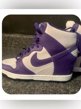 Nike High-Top Sneakers in Purple and White leather hidden wedge.